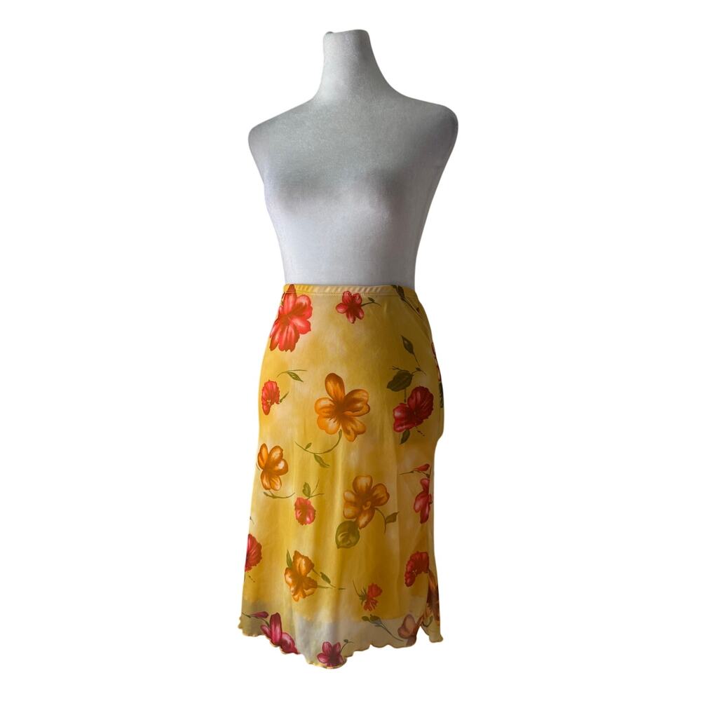 Vintage Y2K Yellow Floral Print Stretchy Knee Length Skirt